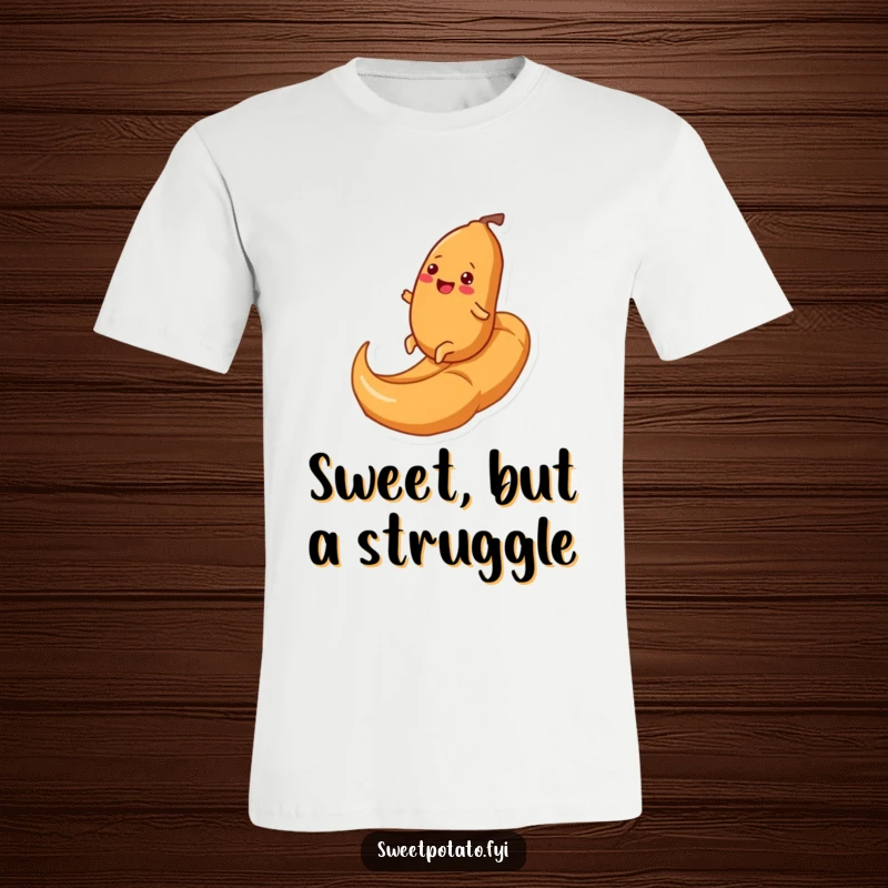 Funny t-shirt showcasing a happy sweet potato character enthusiastically rolling up a giant caramel swirl, radiating pure, sweet happiness and humor.