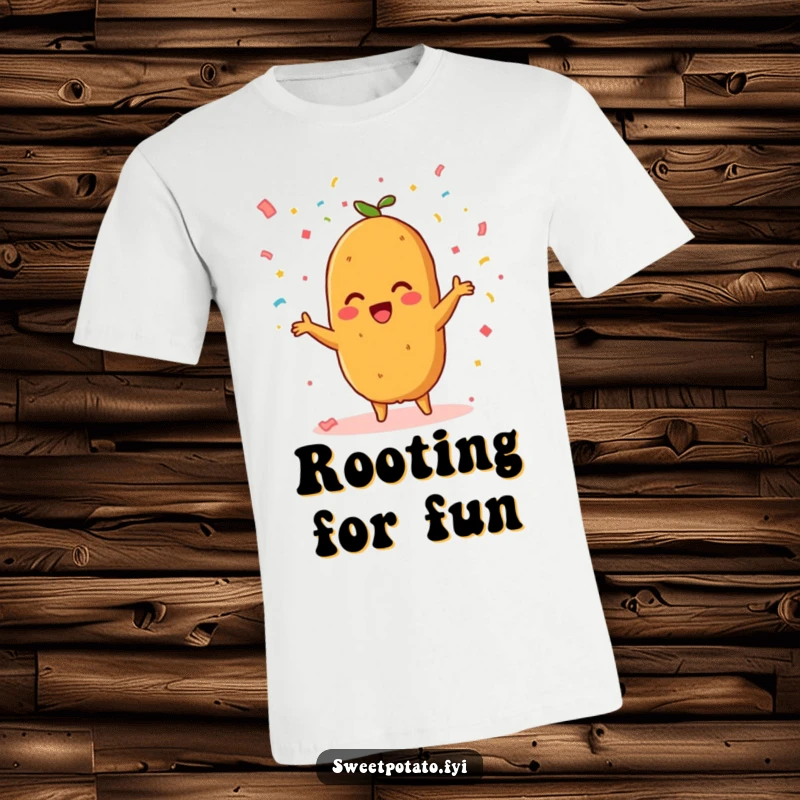 Funny T-shirt featuring a beaming sweet potato character exuberantly throwing a shower of confetti, celebrating with joy.