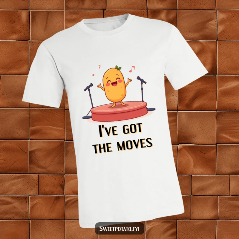 Funny sweet potato character performing a happy jig on a small stage, a humorous and lively t-shirt.
