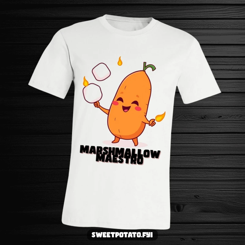 Funny t-shirt depicting a sweet potato character with a cheeky grin, masterfully juggling roasted marshmallows.