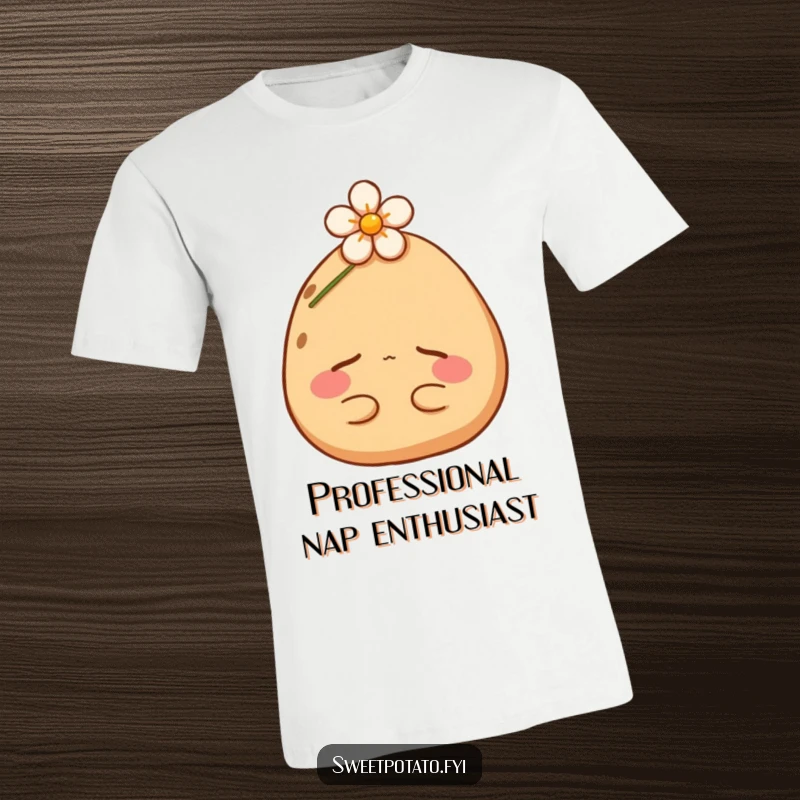 Funny sweet potato t-shirt depicting a blissfully napping spud nestled under a delicate flower. A humorous and relaxing design.