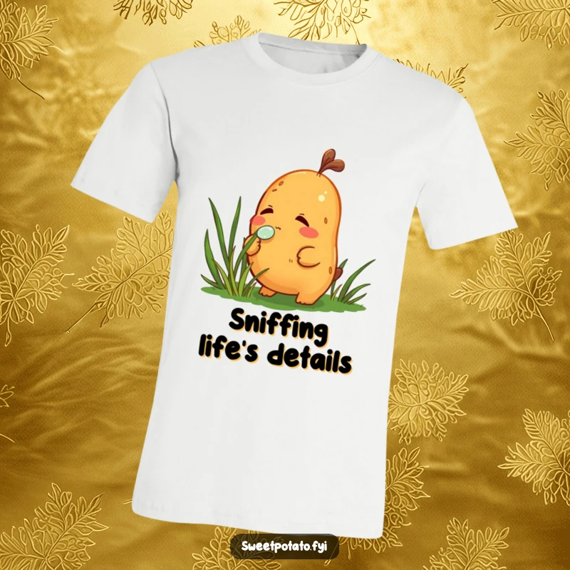 Funny t-shirt of a curious sweet potato character delicately sniffing a dewdrop on a blade of grass, embodying gentle investigation.