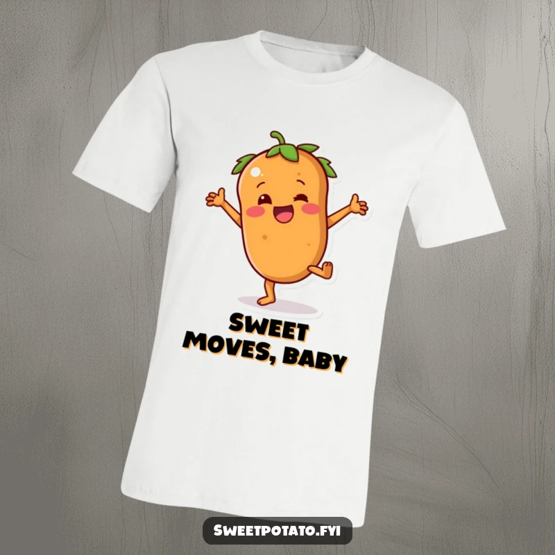 Funny sweet potato t-shirt depicting a determined character with small arms hilariously attempting a cartwheel, full of spunk.