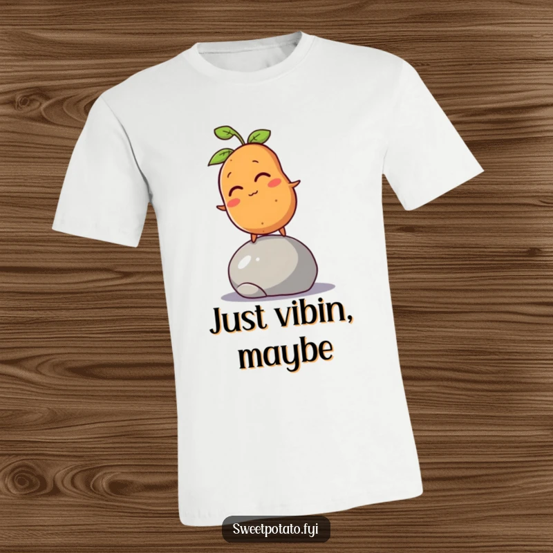 Funny sweet potato character winking and hilariously attempting to balance on a rolling pebble, printed on a t-shirt.
