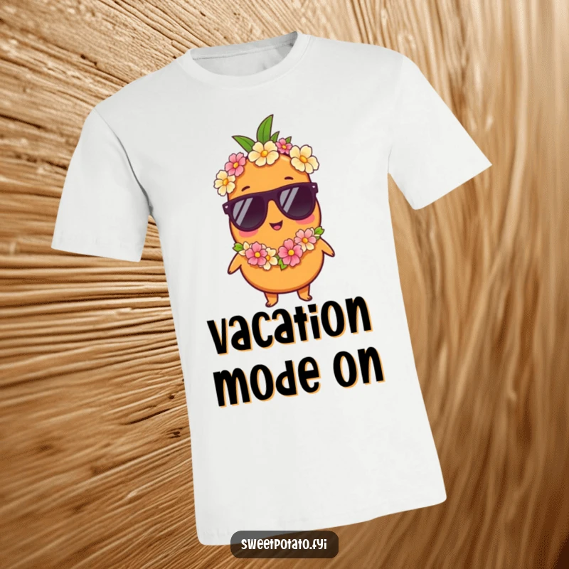 Funny t-shirt: A sweet potato character sports cool sunglasses and a festive lei, exuding a relaxed, vacation-ready attitude.