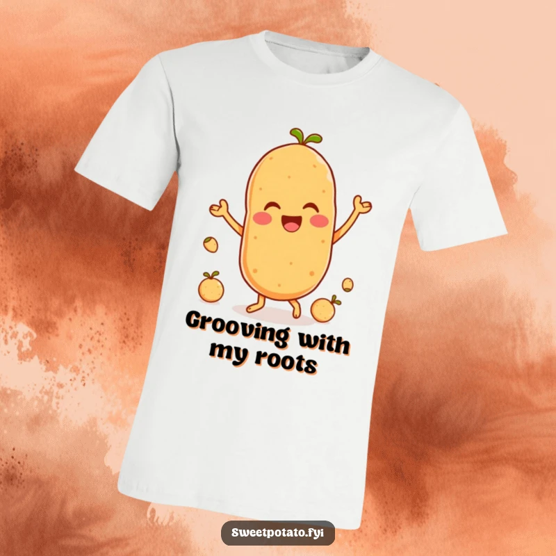 Funny T-shirt featuring a delighted sweet potato character energetically dancing alongside adorable little spuds, radiating happiness.