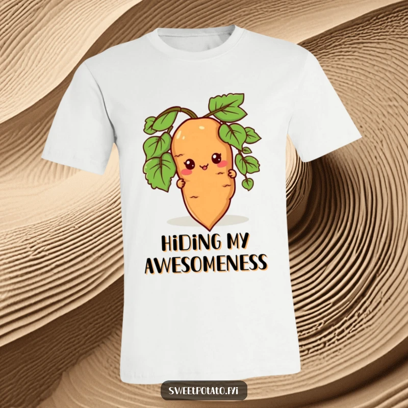 Funny t-shirt with a sweet potato character slyly peeking from behind a root, suggesting playful curiosity and hidden fun.