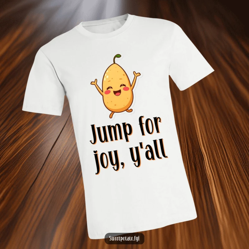 Funny t-shirt depicting a sweet potato happily jumping with pure joy, ideal for cheerful individuals.