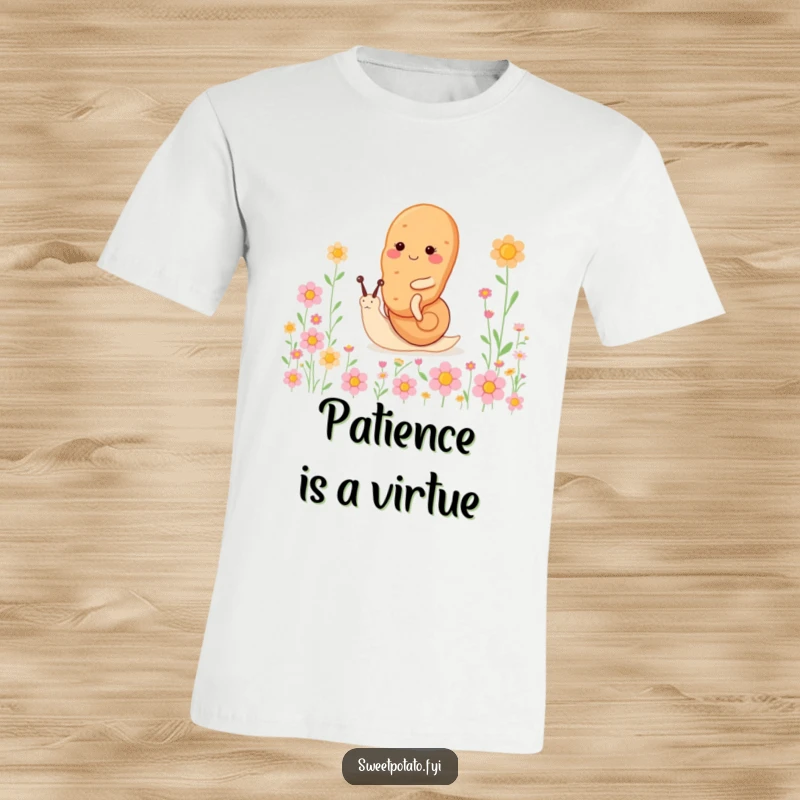 Funny sweet potato character t-shirt, riding a tiny, happy snail through a field of vibrant flowers, embodying peaceful enjoyment.