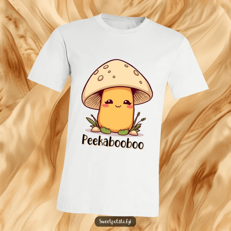 Funny smirking sweet potato character playfully peeking from behind a mushroom, printed on a hilarious t-shirt.