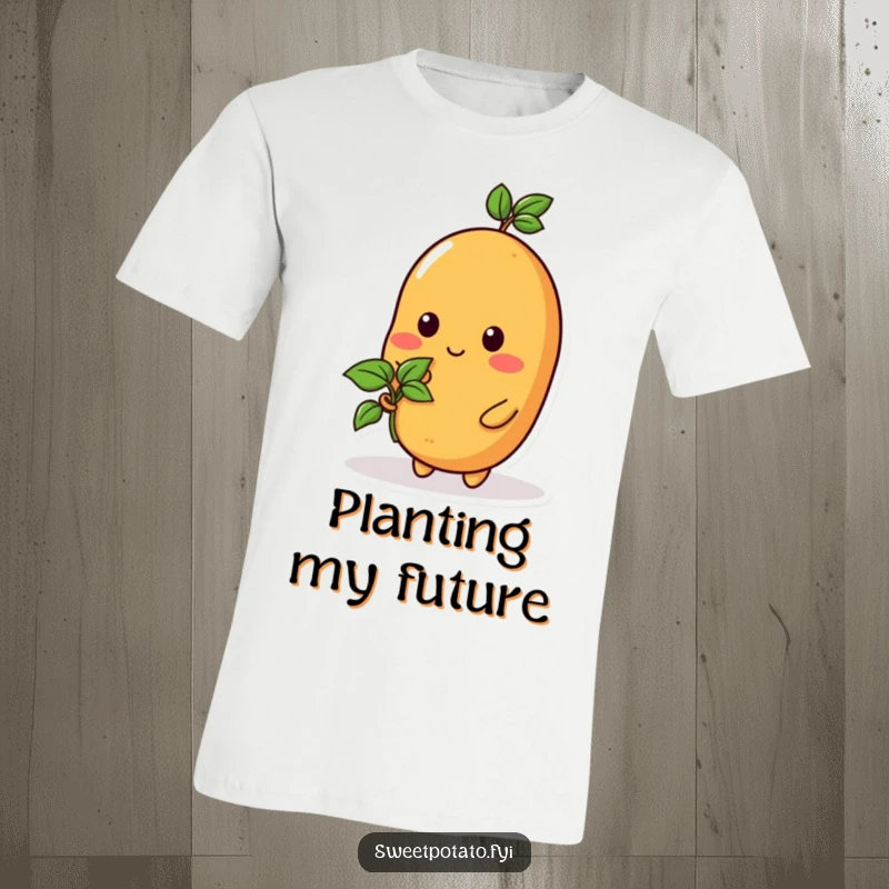 Funny t-shirt featuring a sweet potato character holding a tiny sprout, representing growth and positive energy.