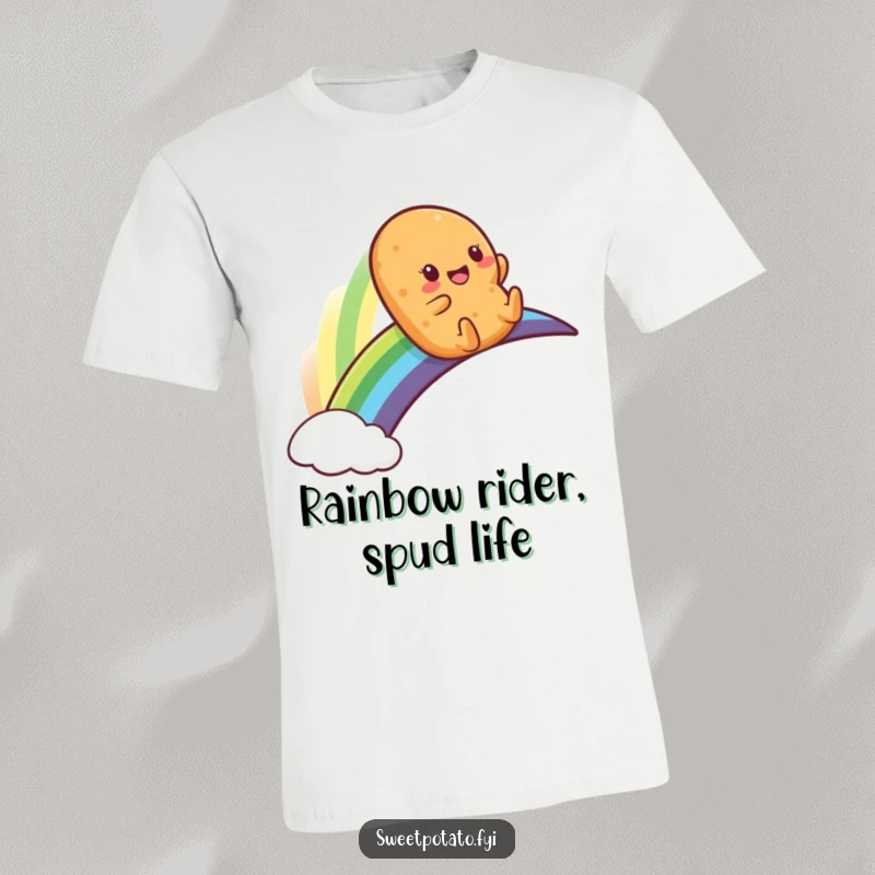 Funny t-shirt showcasing a happy sweet potato character joyfully sliding down a colorful rainbow, embodying pure delight.