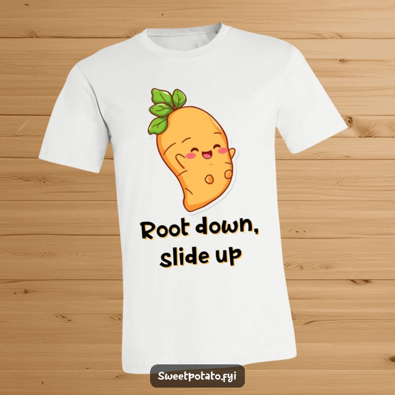 Funny t-shirt showcasing a happy sweet potato character delightedly sliding down a root, radiating pure joy.