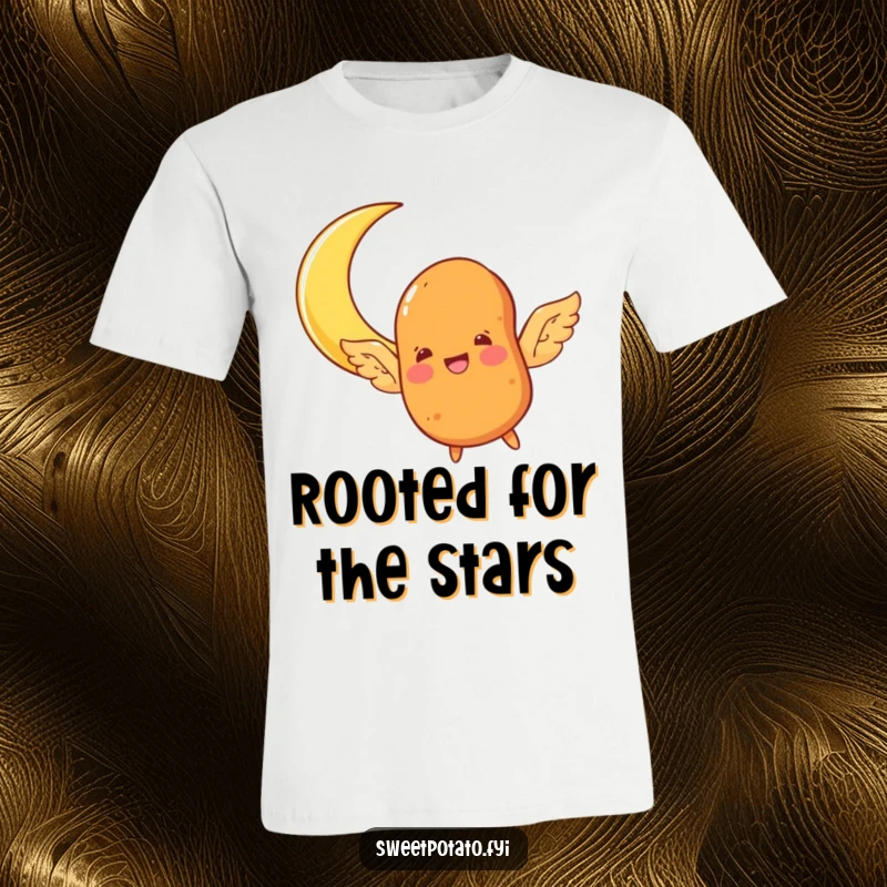 Funny sweet potato character t-shirt, sprouting wings and joyfully flying towards a crescent moon, embodying whimsical ambition.