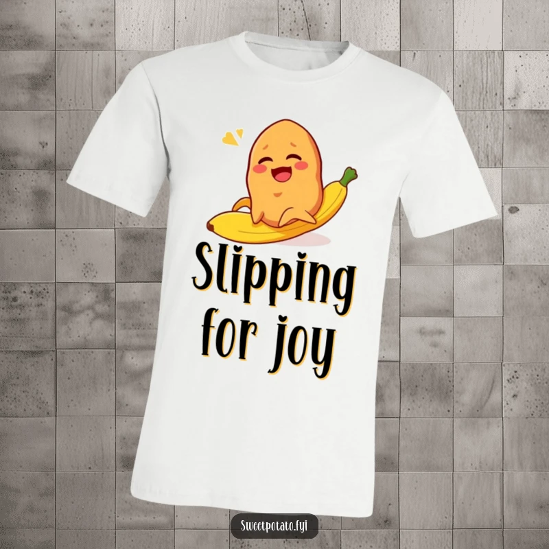 Funny sweet potato character comically slipping on a banana peel, a design that captures pure, unadulterated amusement.