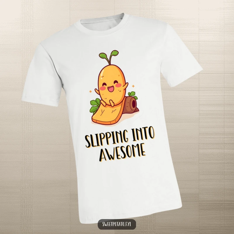 Funny T-shirt featuring a cheerful sweet potato character having a blast sliding down a giant yam slide with pure joy.