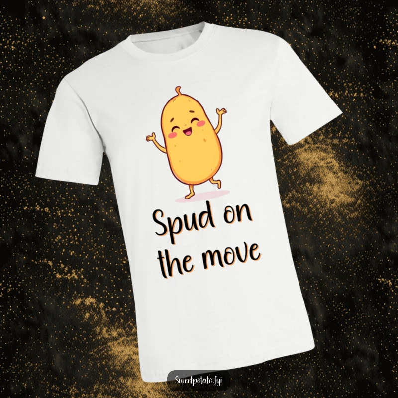 Funny sweet potato t-shirt with a dancing character performing a joyful jig, radiating happiness and lively spirit.