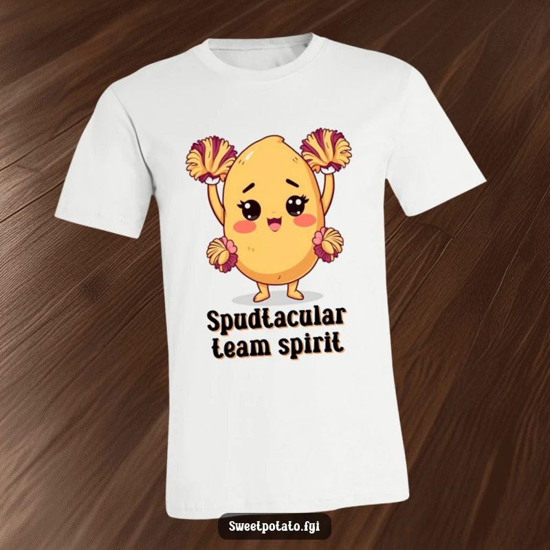 Funny sweet potato t-shirt with a determined character sporting pom-poms, ready to cheer with maximum vegetable energy.