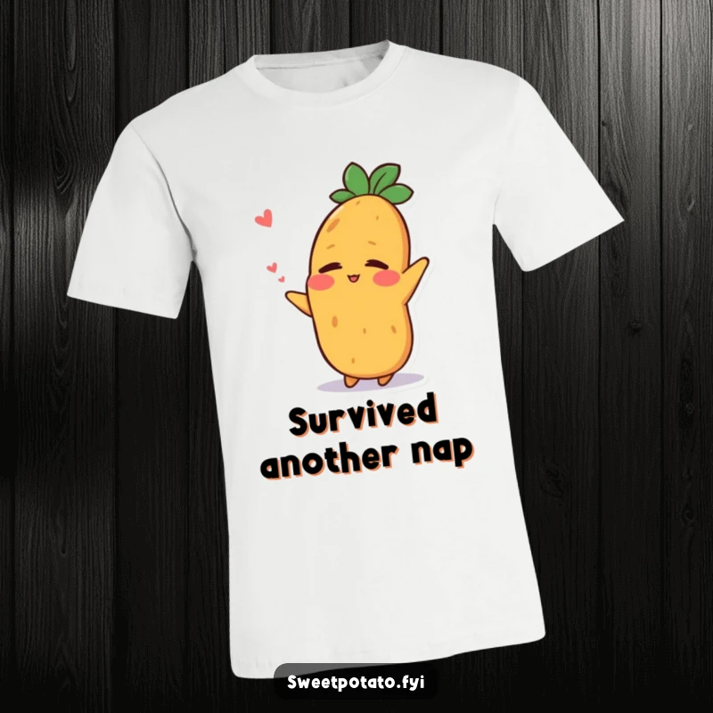 Funny t-shirt depicting a sweet potato character stretching with a relieved smile after a nap, ideal for resting souls.
