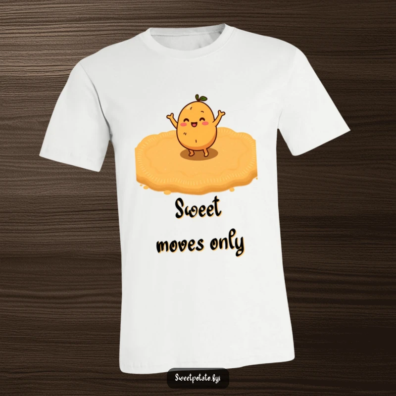 Funny sweet potato character doing a happy little dance on a bed of brown sugar, a fun and energetic t-shirt.