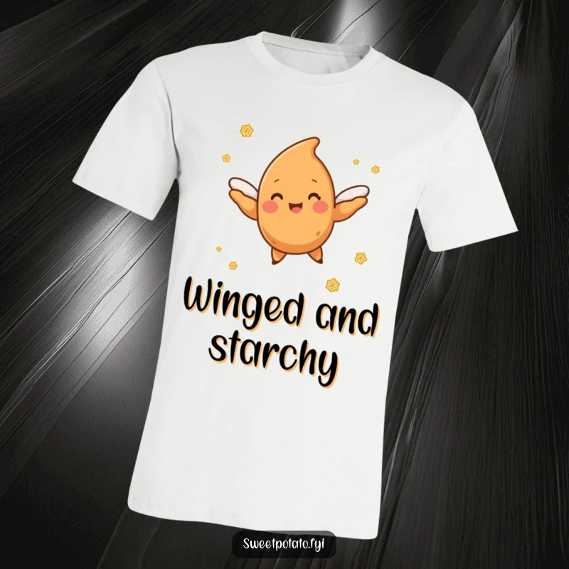 Funny sweet potato character with tiny wings flying joyfully amidst a sweet cloud of cinnamon sugar, a fun t-shirt.