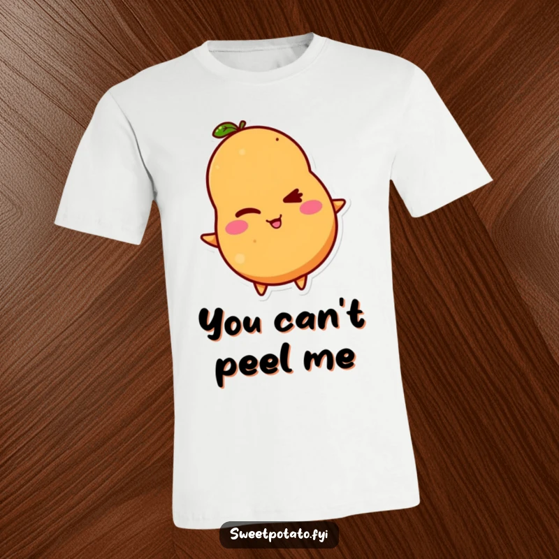 Funny t-shirt with a sweet potato sporting a cheeky wink and a mischievous grin, radiating playful energy.