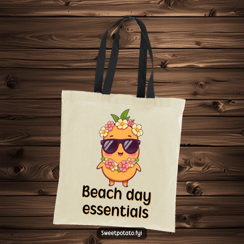 Funny tote bag: A sweet potato character in sunglasses and a lei is ready for vacation, radiating relaxation and holiday cheer.