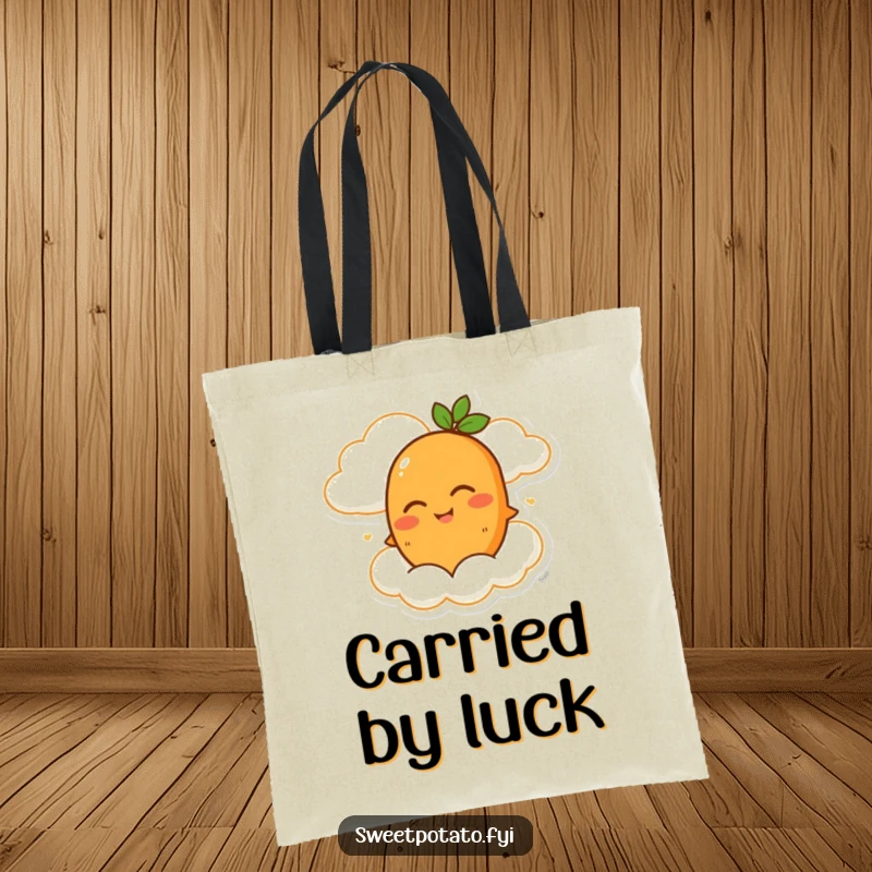 Funny tote bag with a winking sweet potato character riding a happy cloud, showcasing a delightful and whimsical journey.