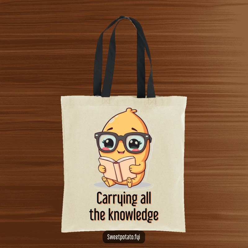 Funny tote bag with a giggling sweet potato character in oversized glasses, reading a book, ready for errands.