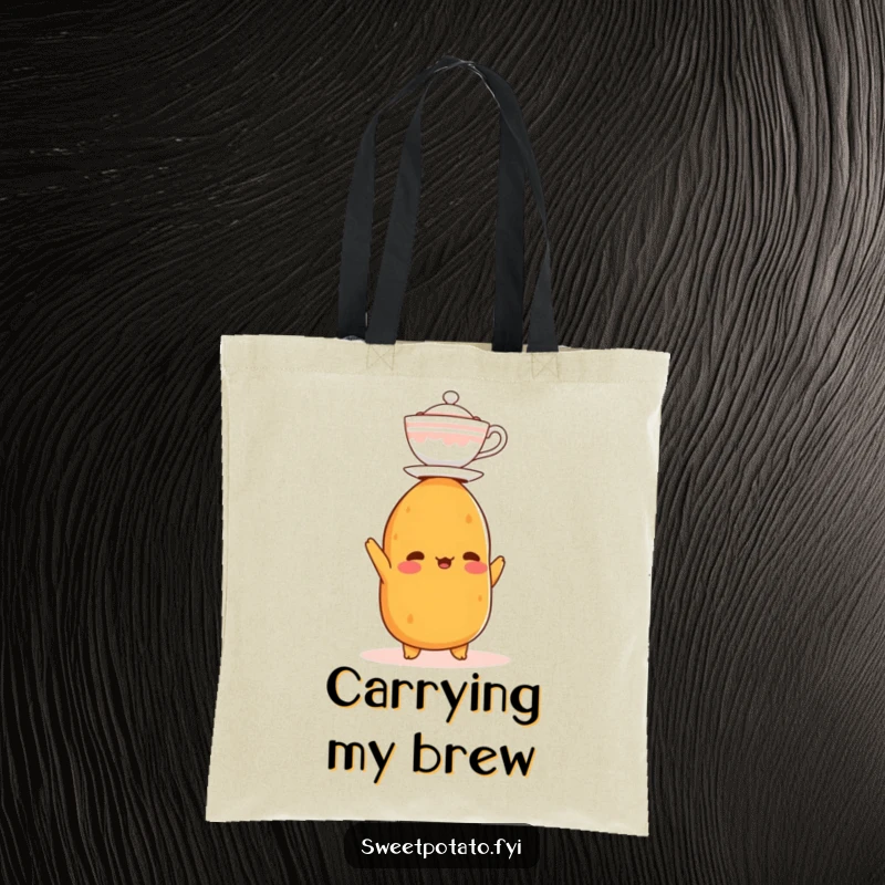 Funny tote bag featuring a sweet potato character balancing a small teacup on its head, perfect for a whimsical shopper.
