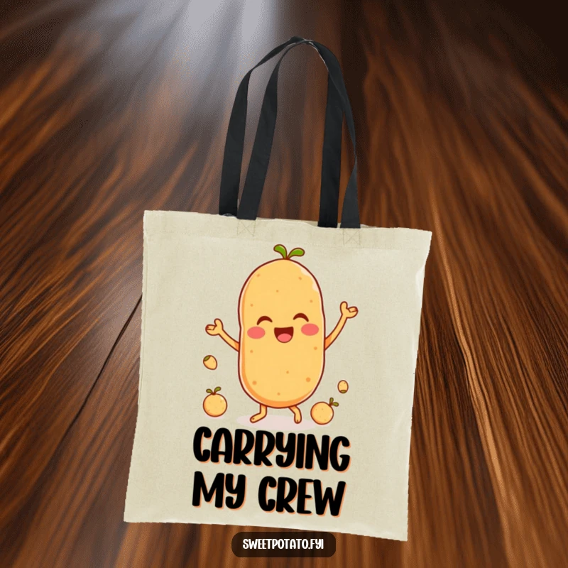 Funny tote bag featuring a delighted sweet potato character dancing merrily with tiny baby spuds, ready for any outing.