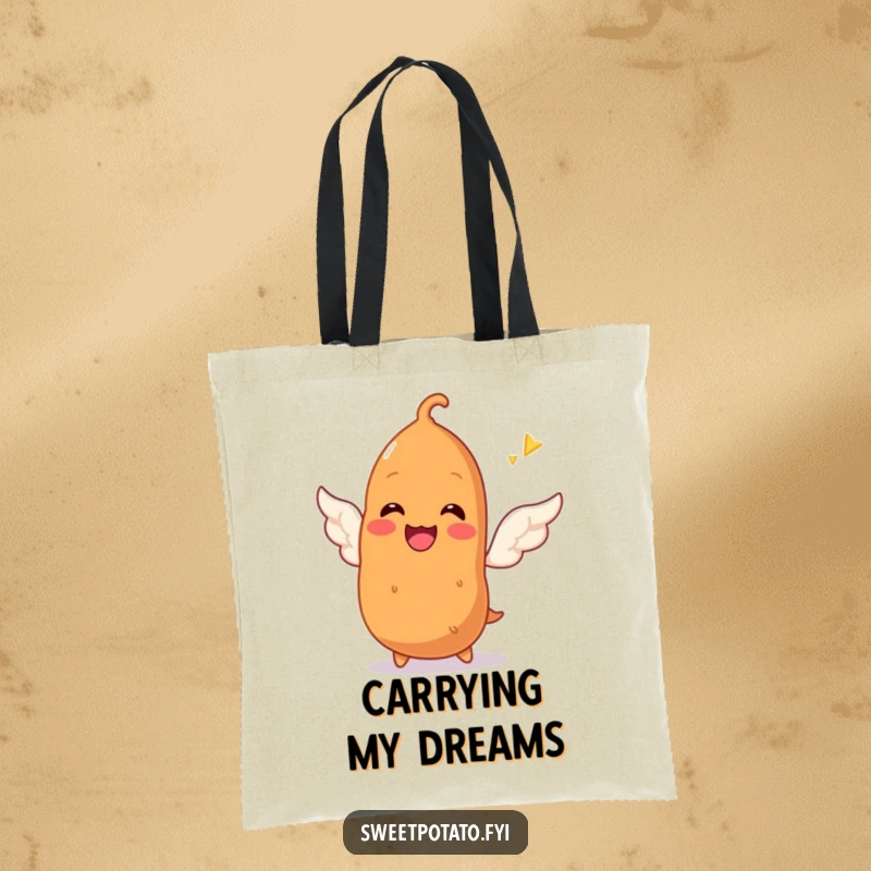 Funny tote bag showcasing a smiling sweet potato character trying to sprout tiny wings, perfect for carrying dreams and a cheerful attitude.