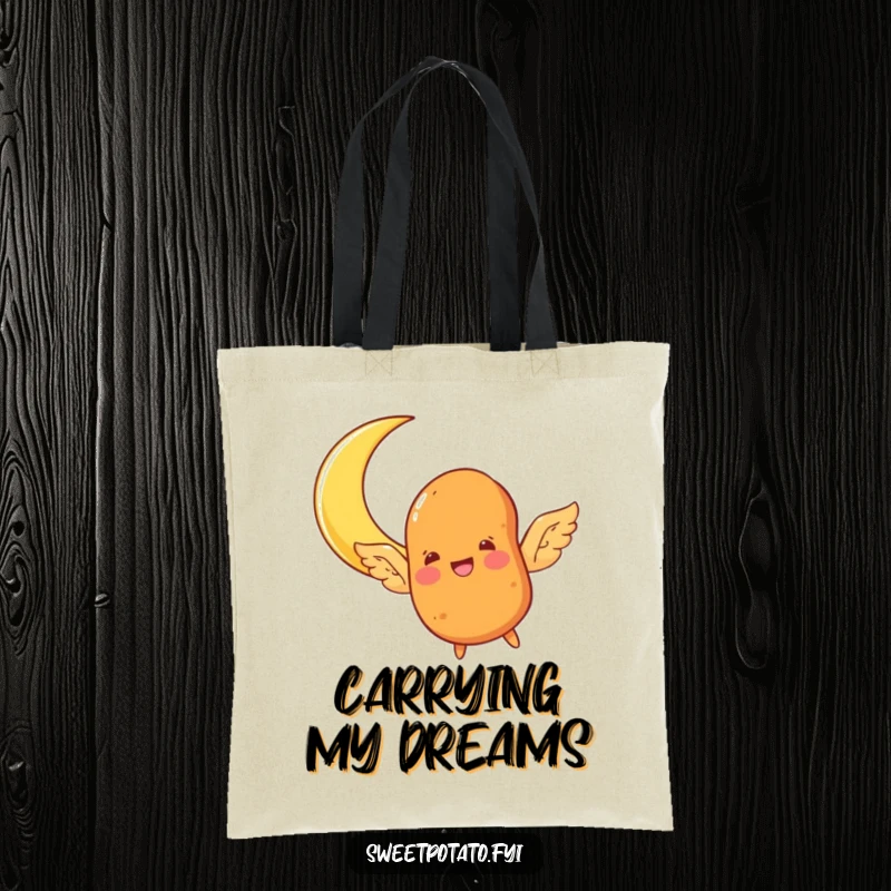 Funny sweet potato character tote bag, with wings, joyfully flying towards a crescent moon, perfect for carrying essentials whimsically.