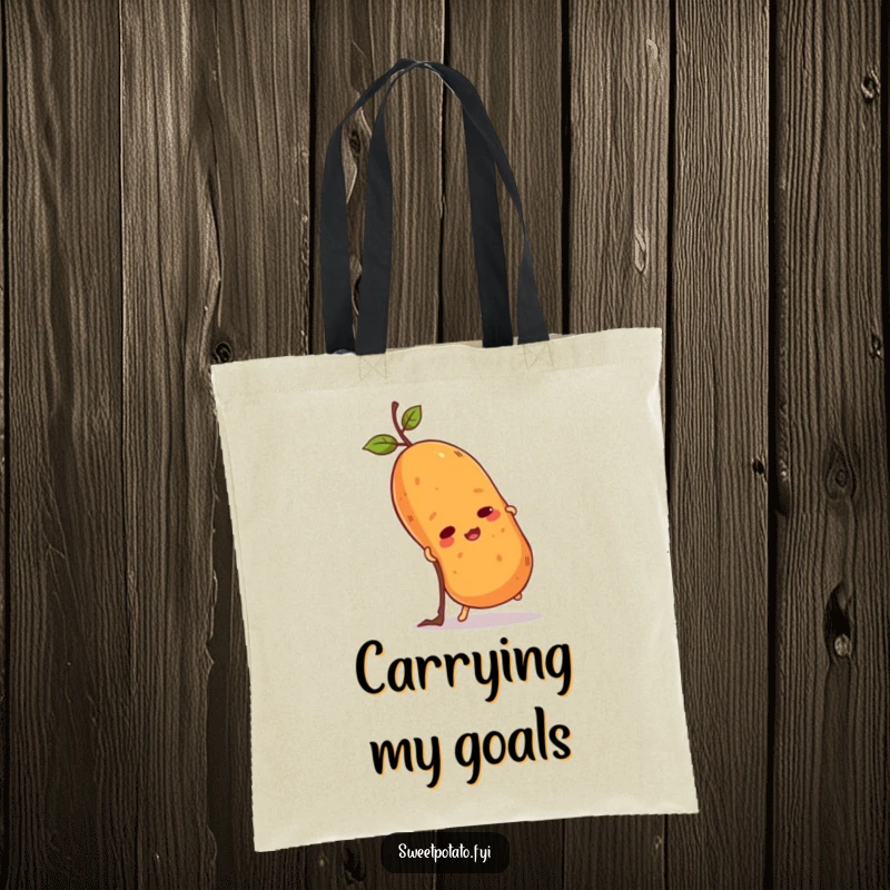 Funny sweet potato tote bag featuring a determined spud attempting to climb a small twig. Humorous and functional for daily use.