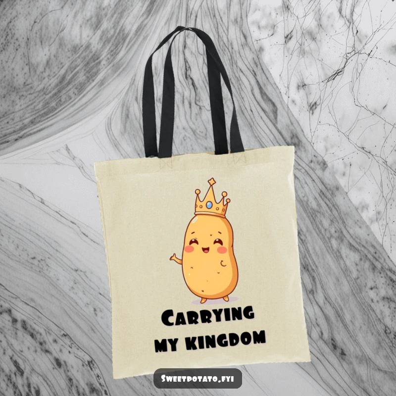 Funny tote bag featuring a crowned sweet potato striking a regal pose, perfect for carrying essentials with a touch of potato majesty.