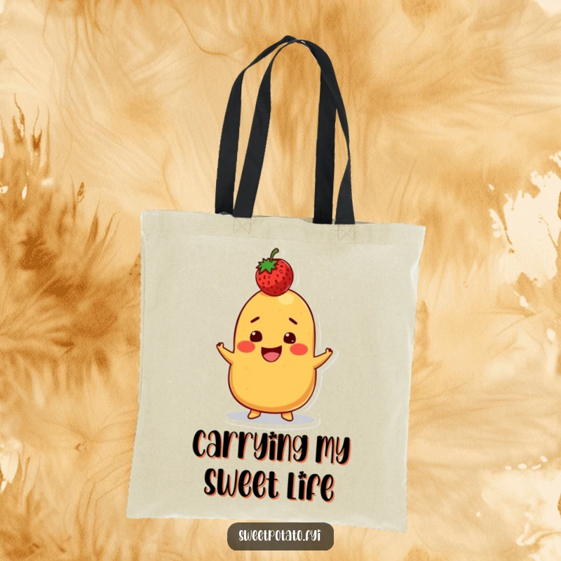 Funny tote bag featuring a grinning sweet potato character balancing a strawberry on its head, perfect for carrying fun and playful energy.