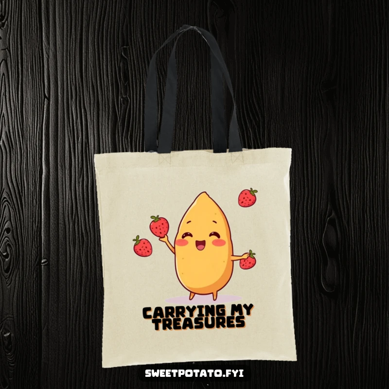 Funny sweet potato character cheerfully juggling three small berries on a tote bag, a charming and humorous accessory for everyday use, a funny gift.