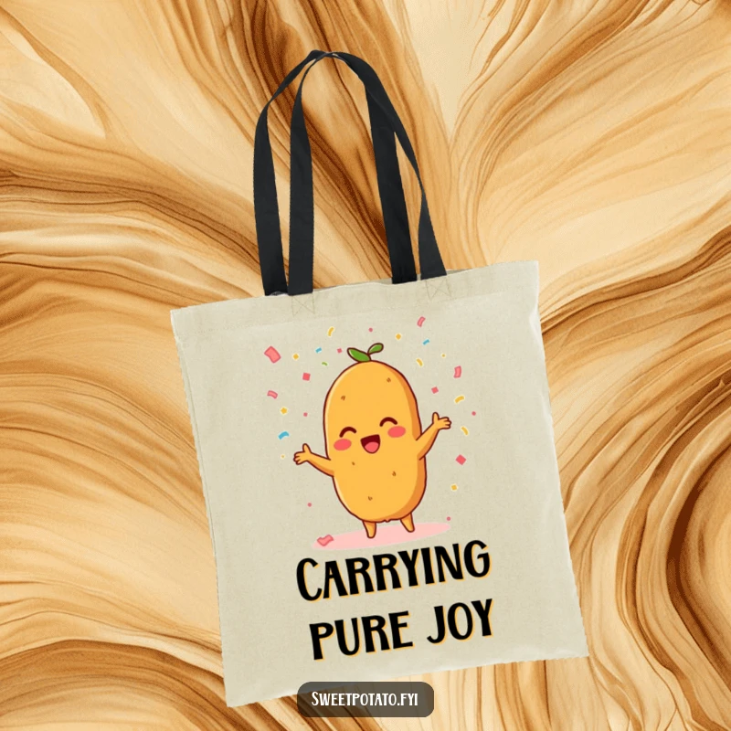 Funny tote bag featuring a beaming sweet potato character joyfully scattering confetti, perfect for carrying party essentials.