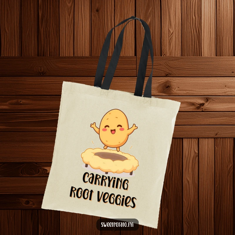 Funny tote bag illustrating a tickled sweet potato character bouncing high on a mashed potato trampoline, representing pure comfort and hilarious delight.