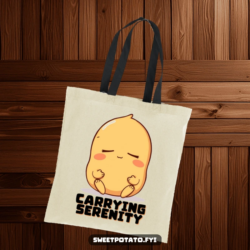 Funny sweet potato tote bag showcasing a peaceful character meditating with eyes closed, ideal for carrying items with a calm and serene flair.