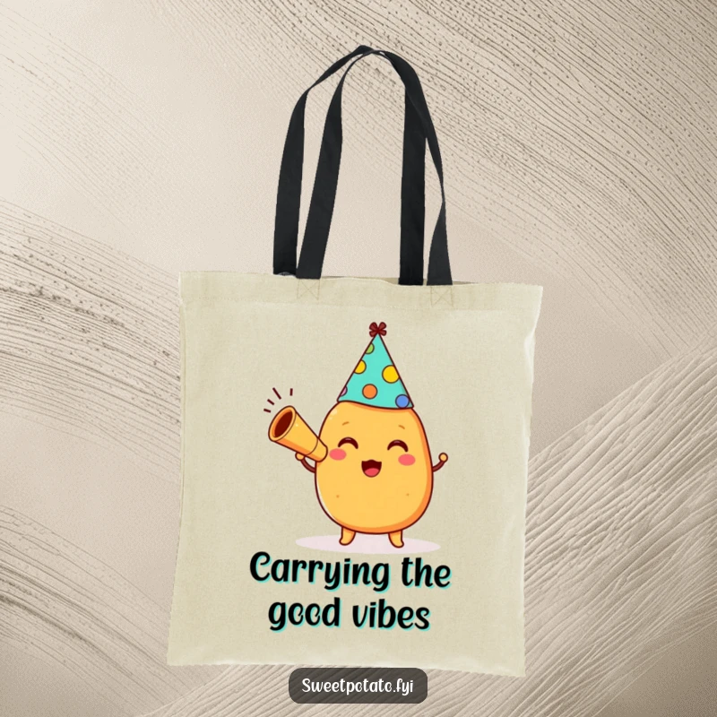 Funny happy sweet potato character wearing a party hat and blowing a horn on a durable and humorous tote bag.