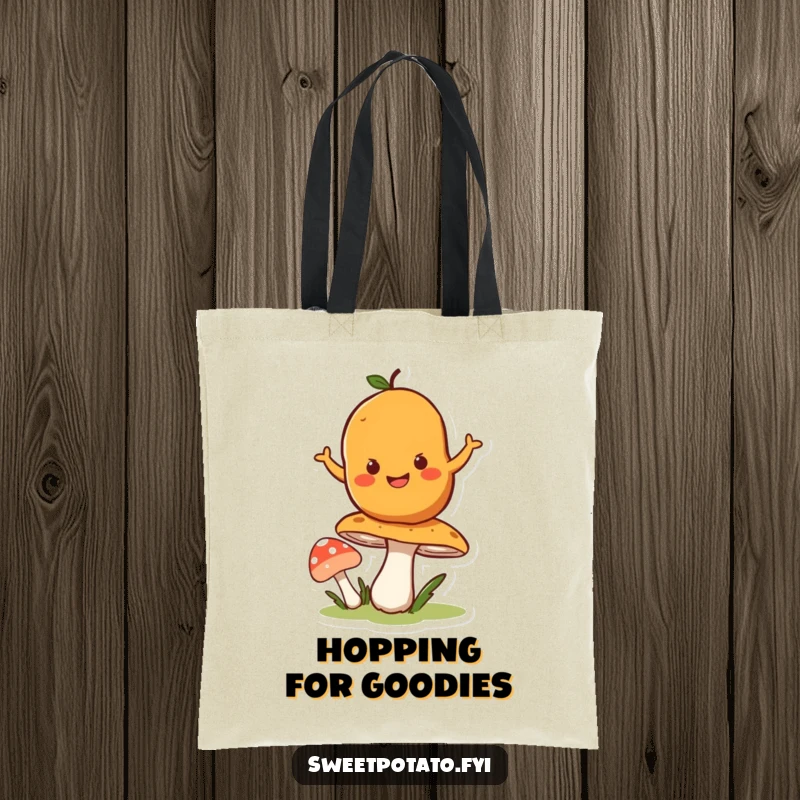 Funny tote bag with a happy sweet potato character bouncing on a springy mushroom, ready for adventures.