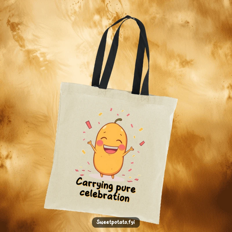 Funny sweet potato character tote bag, throwing confetti with a huge, excited grin, perfect for carrying party essentials.