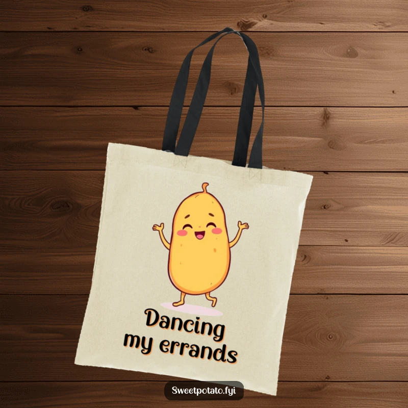 Funny sweet potato tote bag showcasing a dancing character doing a joyful jig, ideal for carrying items with a lively and energetic flair.