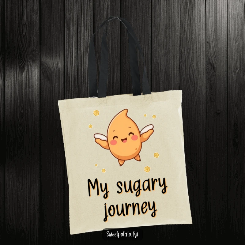 Funny sweet potato character with tiny wings soaring joyfully through a delightful cloud of cinnamon sugar, a practical tote.