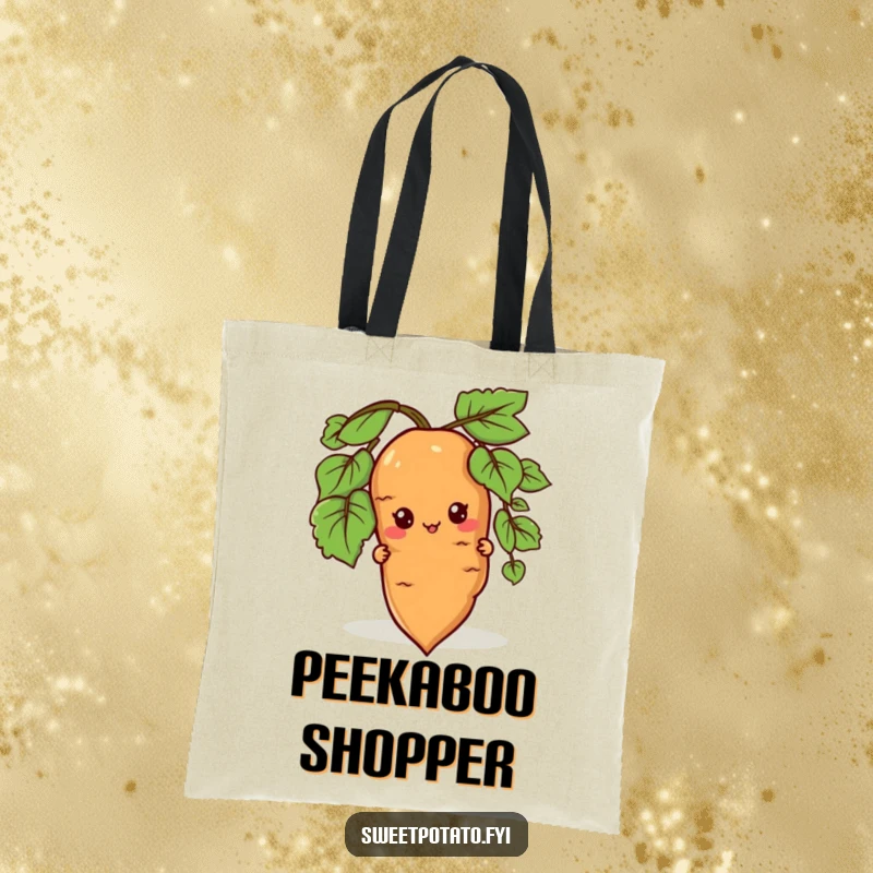 Funny tote bag with a sweet potato character peeking from behind a root, perfect for carrying items with a hint of mystery.