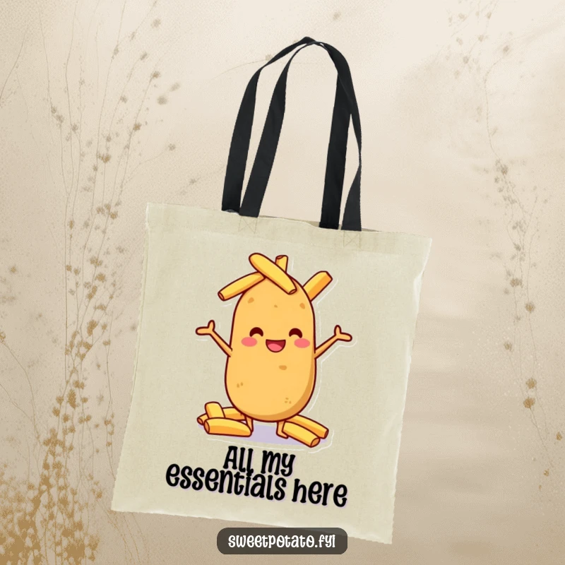 Funny sweet potato grinning, balancing a load of potato wedges, a humorous and practical tote bag.
