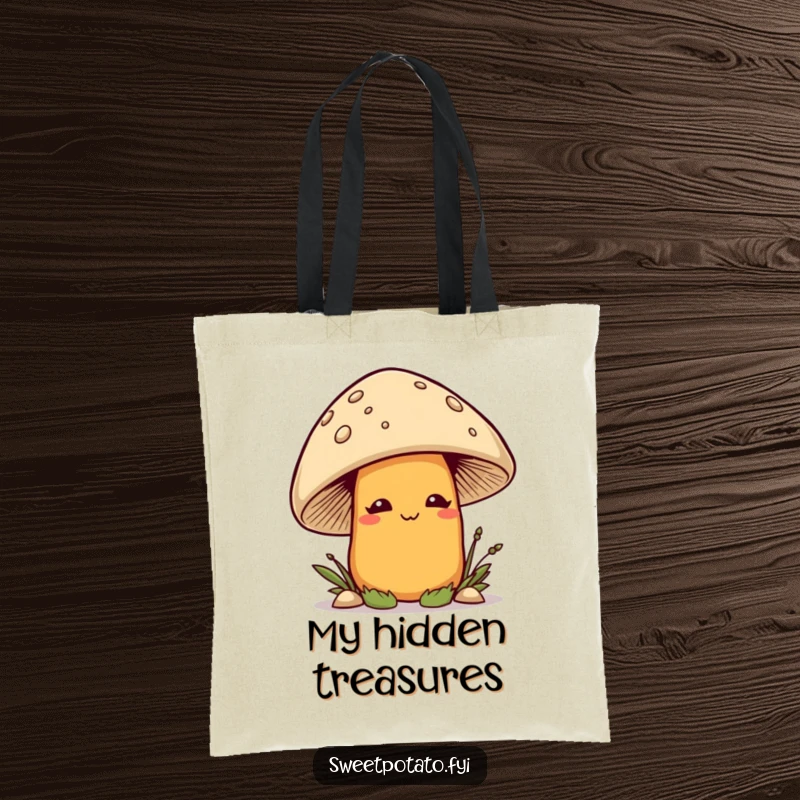 Funny smirking sweet potato character peeking from behind a mushroom, on a stylish and humorous tote bag.