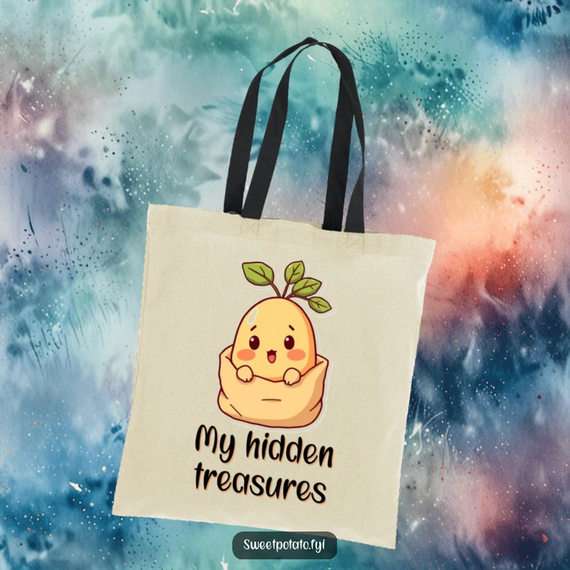 Funny Surprised Sweet Potato Tote Bag featuring a sweet potato character popping out of a sack with a look of surprise.