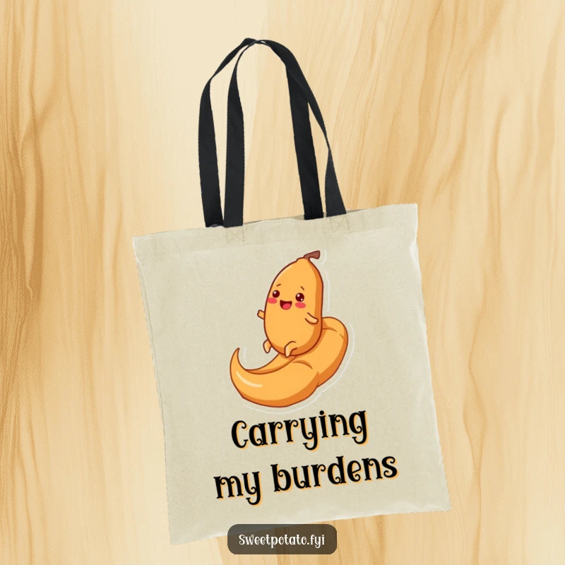 Funny tote bag illustrating a happy sweet potato character confidently rolling on a giant caramel swirl, perfect for carrying sunny vibes and humor.